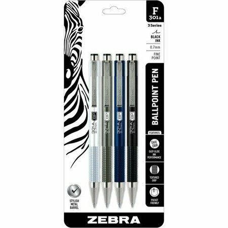 ZEBRA PEN Ballpoint Pen, Retract, .7mm, Fine Pt, AST Barrel/BK Ink, , 4PK ZEB27514